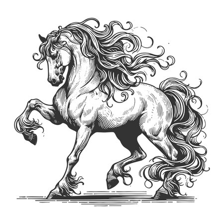 horse with a long, flowing mane and tl, captured mid-stride in dynamic motion sketch engraving vector illustration. Scratch board imitation. Black and white image.のイラスト素材