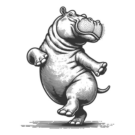 Dancing Hippopotamus sketch engraving fictional character raster illustration. Scratch board imitation. Black and white image.の写真素材