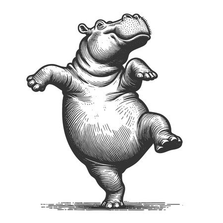 Dancing Hippopotamus sketch engraving fictional character raster illustration. Scratch board imitation. Black and white image.の写真素材