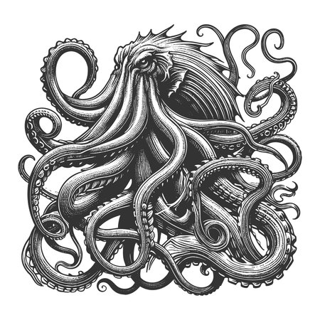 mythological kraken or octopus with twisting tentacles and a fierce expression sketch engraving vector illustration. Scratch board imitation. Black and white image.のイラスト素材
