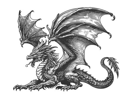 Dragon sketch engraving fictional character raster illustration. Scratch board imitation. Black and white image.の写真素材