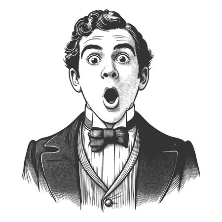 man with wide eyes and puckered lips, expressing shock or amazement in vintage attire sketch engraving fictional character raster illustration. Scratch board imitation. Black and white.の写真素材