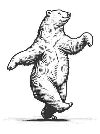 Polar bear dancing sketch engraving fictional character vector illustration. Scratch board imitation. Black and white image.のイラスト素材