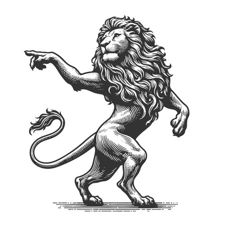 Dancing lion standing on hind legs and pointing with a confident, commanding gesture sketch engraving vector illustration. Scratch board imitation. Black and white image.のイラスト素材