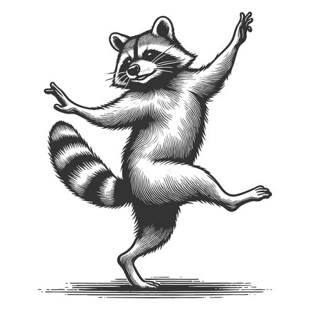 cheerful raccoon dancing, full of charm and playfulness sketch engraving vector illustration. Scratch board imitation. Black and white image.のイラスト素材