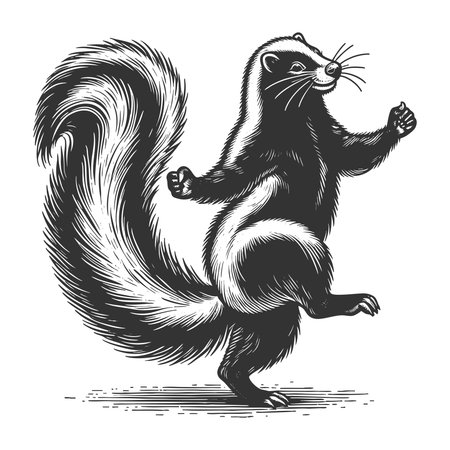 Dancing Skunk sketch engraving fictional character vector illustration. Scratch board imitation. Black and white image.のイラスト素材