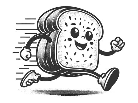 smiling cartoon bread slice with arms and legs, running energetically with motion lines sketch engraving vector illustration. Scratch board imitation. Black and white image.のイラスト素材