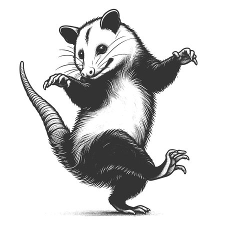 Dancing Opossum sketch engraving fictional character vector illustration. Scratch board imitation. Black and white image.のイラスト素材