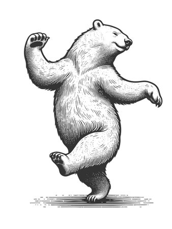 Polar bear dancing sketch engraving fictional character vector illustration. Scratch board imitation. Black and white image.のイラスト素材