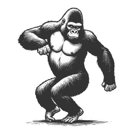 gorilla dancing sketch engraving fictional character raster illustration. Scratch board imitation. Black and white image.の写真素材