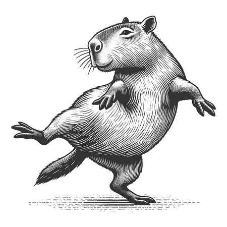 Dancing Capybara sketch engraving fictional character vector illustration. Scratch board imitation. Black and white image.のイラスト素材