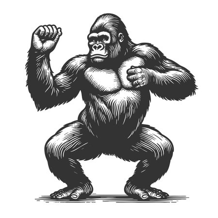 gorilla dancing sketch engraving fictional character raster illustration. Scratch board imitation. Black and white image.の写真素材