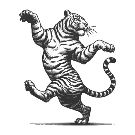 Dancing Tiger sketch engraving fictional character raster illustration. Scratch board imitation. Black and white image.の写真素材
