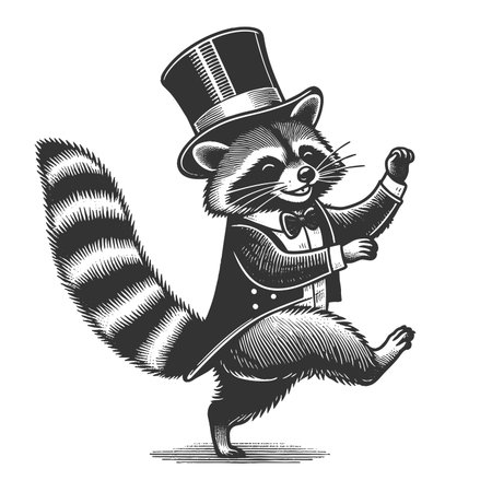 cheerful raccoon dancing with a tall top hat, full of charm and playfulness sketch engraving raster illustration. Scratch board imitation. Black and white image.の写真素材