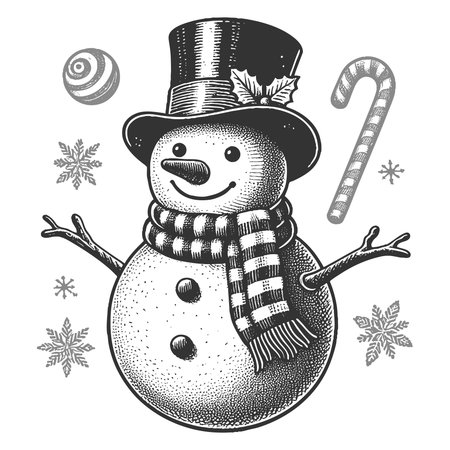 cheerful snowman in a top hat surrounded by fireworks, gifts, candles, and snowflakes sketch engraving vector illustration. Scratch board imitation. Black and white image.のイラスト素材