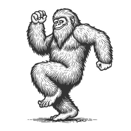 Dancing Yeti sketch engraving fictional character raster illustration. Scratch board imitation. Black and white image.の写真素材