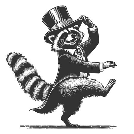 cheerful raccoon dancing with a tall top hat, full of charm and playfulness sketch engraving raster illustration. Scratch board imitation. Black and white image.の写真素材