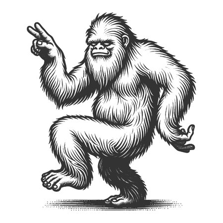 Dancing Yeti sketch engraving fictional character raster illustration. Scratch board imitation. Black and white image.の写真素材