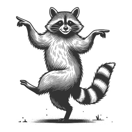 cheerful raccoon dancing, full of charm and playfulness sketch engraving raster illustration. Scratch board imitation. Black and white image.の写真素材