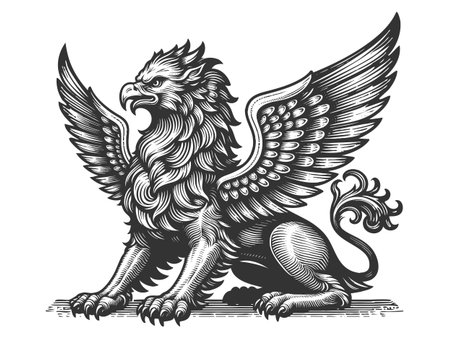 regal griffin with eagle wings and lion body, posed in a classic heraldic style with intricate detling sketch engraving vector illustration. Scratch board. Black and white image.のイラスト素材
