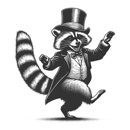 cheerful raccoon dancing with a tall top hat, full of charm and playfulness sketch engraving raster illustration. Scratch board imitation. Black and white image.の写真素材