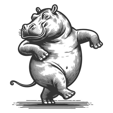 Dancing Hippopotamus sketch engraving fictional character raster illustration. Scratch board imitation. Black and white image.の写真素材