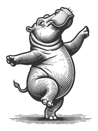 Dancing Hippopotamus sketch engraving fictional character raster illustration. Scratch board imitation. Black and white image.の写真素材