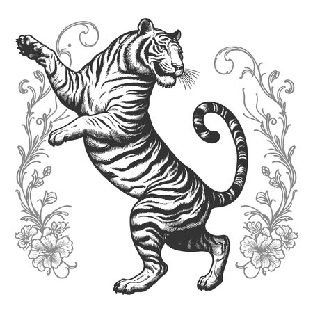Dancing Tiger sketch engraving fictional character raster illustration. Scratch board imitation. Black and white image.の写真素材
