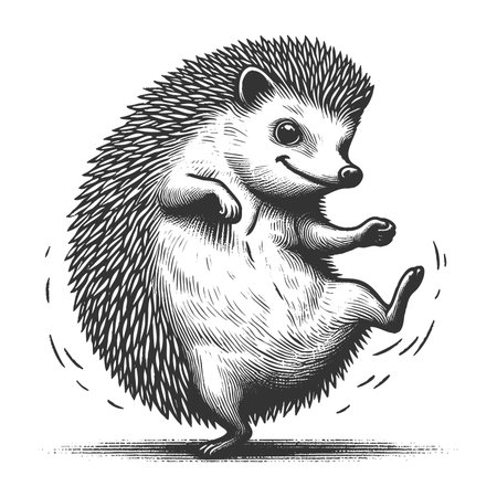 Dancing Hedgehog sketch engraving raster illustration. Scratch board imitation. Black and white image.の写真素材