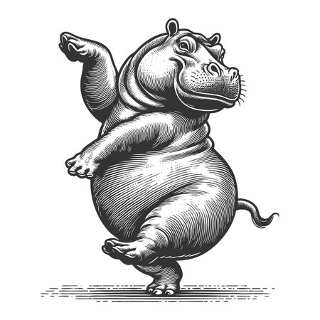 Dancing Hippopotamus sketch engraving fictional character raster illustration. Scratch board imitation. Black and white image.の写真素材