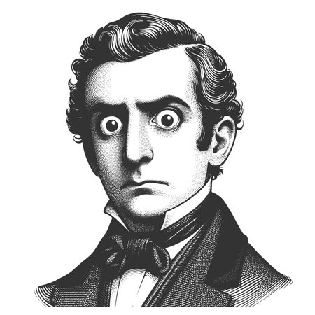 surprised Victorian gentleman with wide eyes and formal attire, expressing shock or disbelief sketch engraving fictional character raster illustration. Scratch board. Black and white.の写真素材