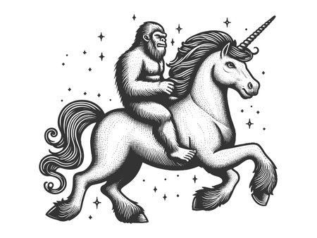 yeti riding a majestic unicorn sketch engraving fictional character raster illustration. Scratch board imitation. Black and white image.の写真素材