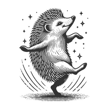 Dancing Hedgehog sketch engraving vector illustration. Scratch board imitation. Black and white image.のイラスト素材