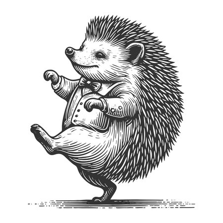 Dancing Hedgehog sketch engraving vector illustration. Scratch board imitation. Black and white image.のイラスト素材