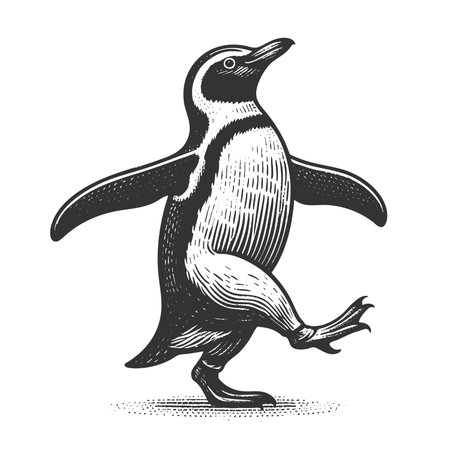 Dancing Penguin sketch engraving fictional character raster illustration. Scratch board imitation. Black and white image.の写真素材