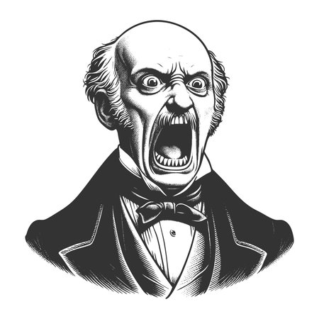 elderly man in formal attire screaming in horror with exaggerated expression and wide eyes sketch engraving fictional character vector illustration. Scratch board. Black and white image.のイラスト素材