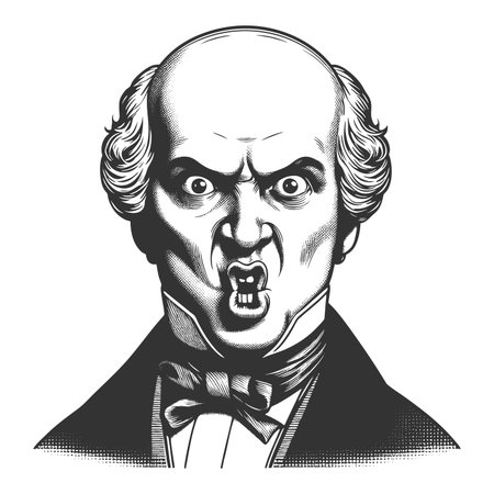 man in formal clothing with a furious yet comically exaggerated facial expression sketch engraving fictional character raster illustration. Scratch board imitation. Black and white imageの写真素材