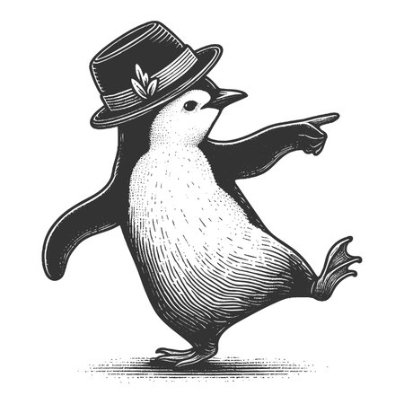 Dancing Penguin sketch engraving fictional character raster illustration. Scratch board imitation. Black and white image.の写真素材