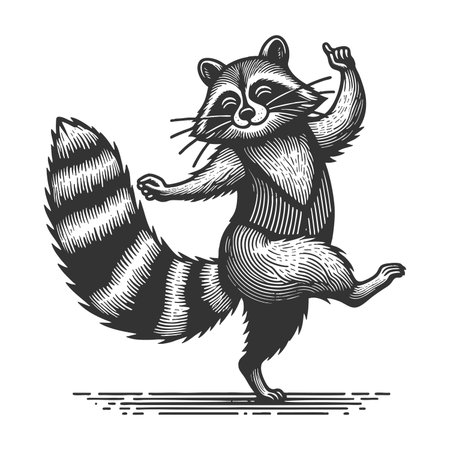 cheerful raccoon dancing, full of charm and playfulness sketch engraving raster illustration. Scratch board imitation. Black and white image.の写真素材