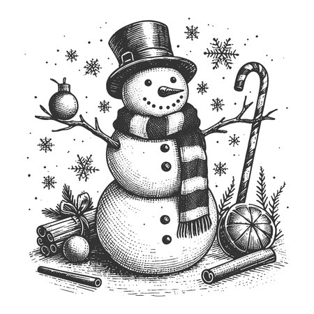 cheerful snowman in a top hat surrounded, gifts and snowflakes sketch engraving vector illustration. Scratch board imitation. Black and white image.のイラスト素材