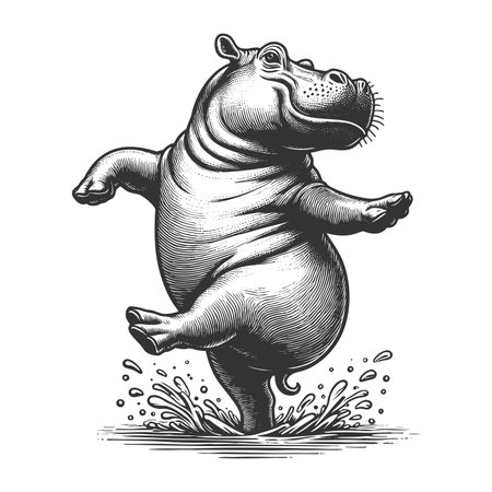 Dancing Hippopotamus sketch engraving fictional character raster illustration. Scratch board imitation. Black and white image.の写真素材