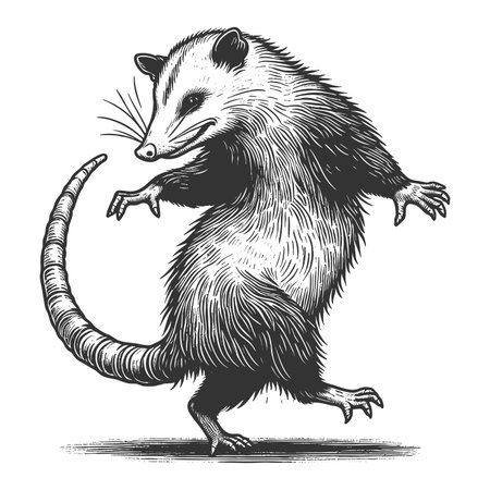 Dancing Opossum sketch engraving fictional character raster illustration. Scratch board imitation. Black and white image.の写真素材
