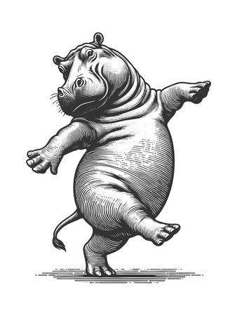 Dancing Hippopotamus sketch engraving fictional character raster illustration. Scratch board imitation. Black and white image.の写真素材