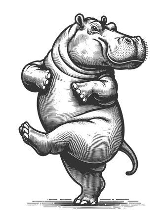 Dancing Hippopotamus sketch engraving fictional character raster illustration. Scratch board imitation. Black and white image.の写真素材