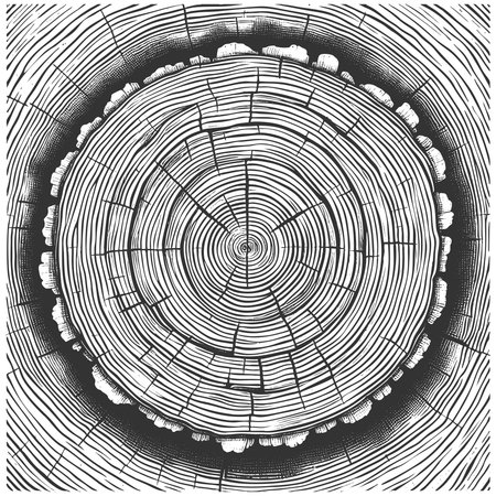 tree trunk cross section showing growth rings sketch engraving fictional character vector illustration. Scratch board imitation. Black and white image.のイラスト素材