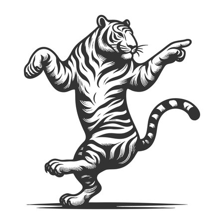 Dancing Tiger sketch engraving fictional character vector illustration. Scratch board imitation. Black and white image.のイラスト素材
