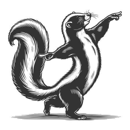Dancing Skunk sketch engraving fictional character vector illustration. Scratch board imitation. Black and white image.のイラスト素材