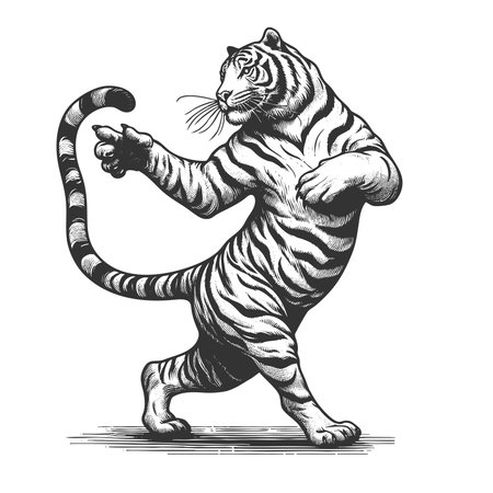 Dancing Tiger sketch engraving fictional character vector illustration. Scratch board imitation. Black and white image.のイラスト素材