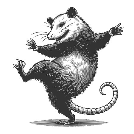 Dancing Opossum sketch engraving fictional character raster illustration. Scratch board imitation....