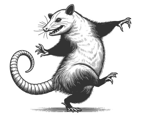 Dancing Opossum sketch engraving fictional character raster illustration. Scratch board imitation. Black and white image.の写真素材